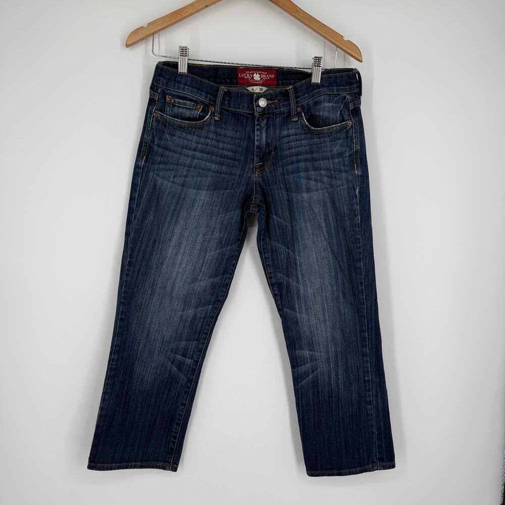 Lucky Brand Sweetin' Crop Jeans SZ 6/28 Straight Leg Med Wash Wiskering Low Rise